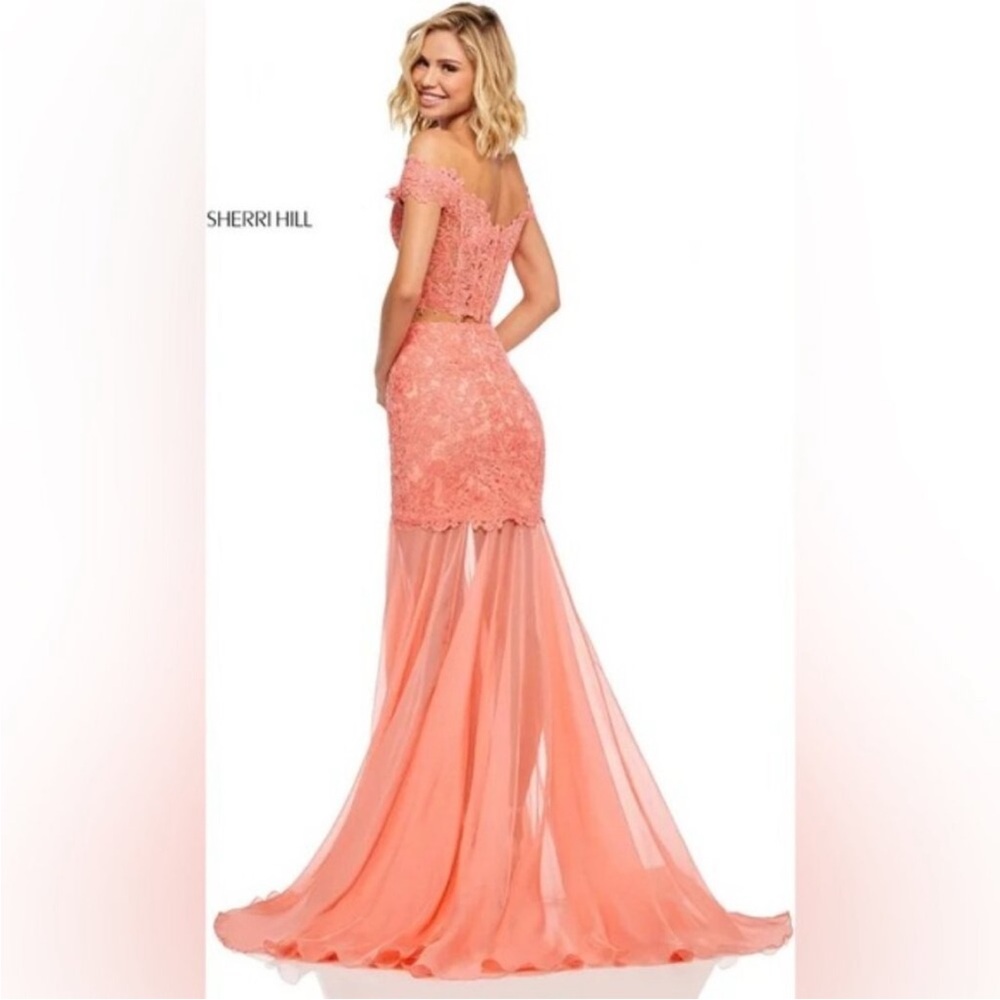 Sherri Hill Light Coral 2 Piece Lace Off Prom Dress Formal Gown 52719, NWT, 8!
